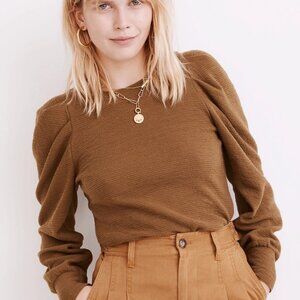 Madewell Pleated Statement-Sleeve Top, Puff Sleeves, Asparagus, Size S